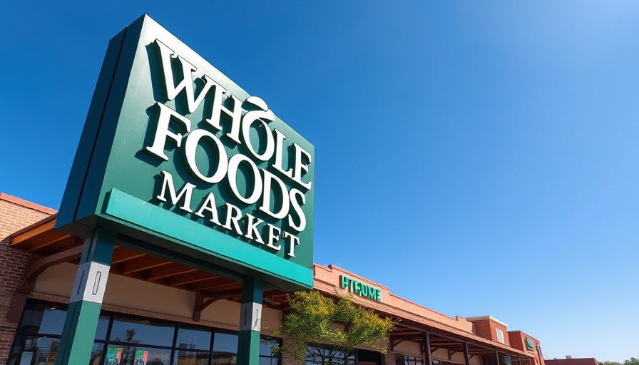 Whole Foods Market sign against blue sky, entrance visible.