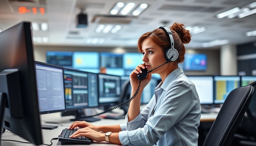 AI-enhanced 911 dispatch center scene with multitasking dispatcher