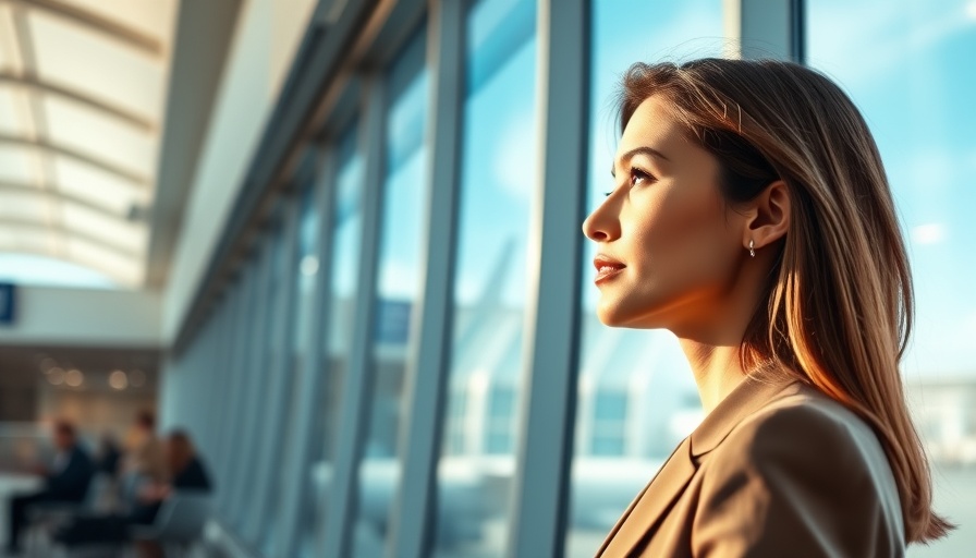 Professional woman enjoying airport lounge view with airplane outside.