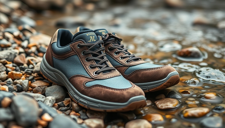 Circular footwear future: Eco-friendly sneakers on rocky stream bank.