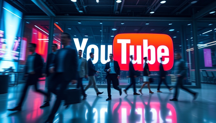 Entrepreneurs walking by a bright YouTube logo in a modern setting.