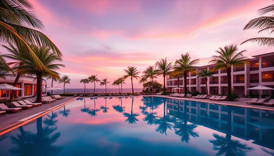 Luxurious adults-only all-inclusive resort at sunset by the pool.