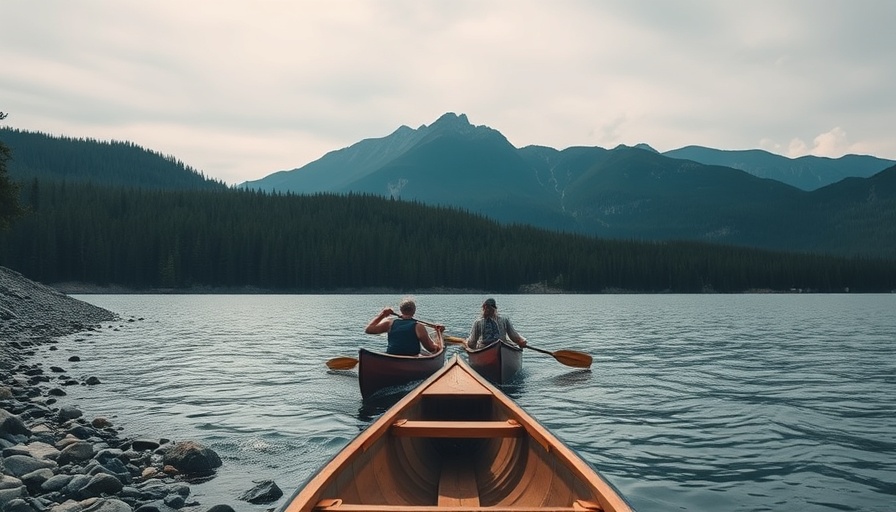 Indigenous and Celtic Canadians in a canoe by a forested island