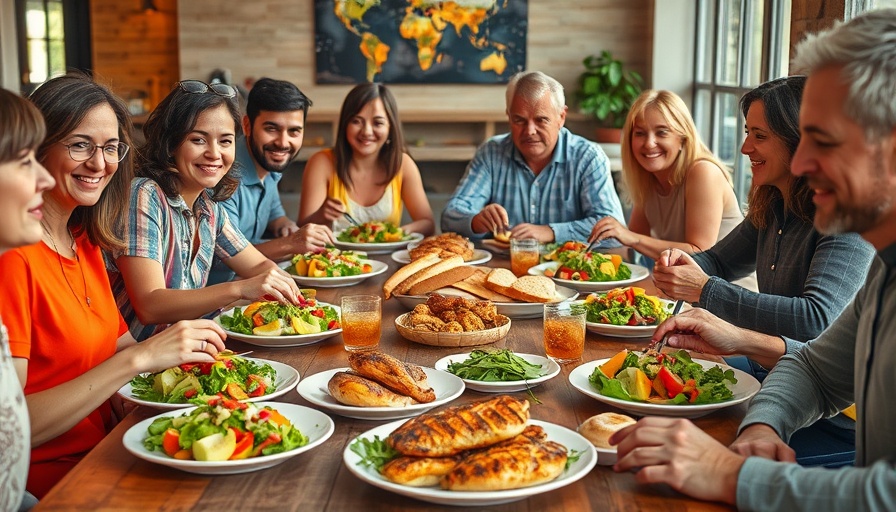 Top view of diverse group enjoying balanced meal with fresh food.