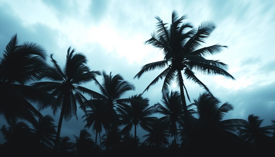 Swaying palm trees during a storm, highlighting travel mistakes during hurricane season.