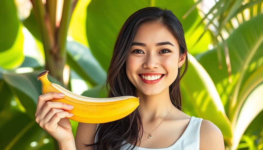 Young woman enjoying a banana for glowing skin in a tropical garden.