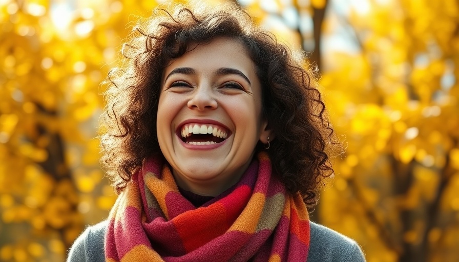 Joyful woman laughing in colorful fall setting, Funny Fall Memes.