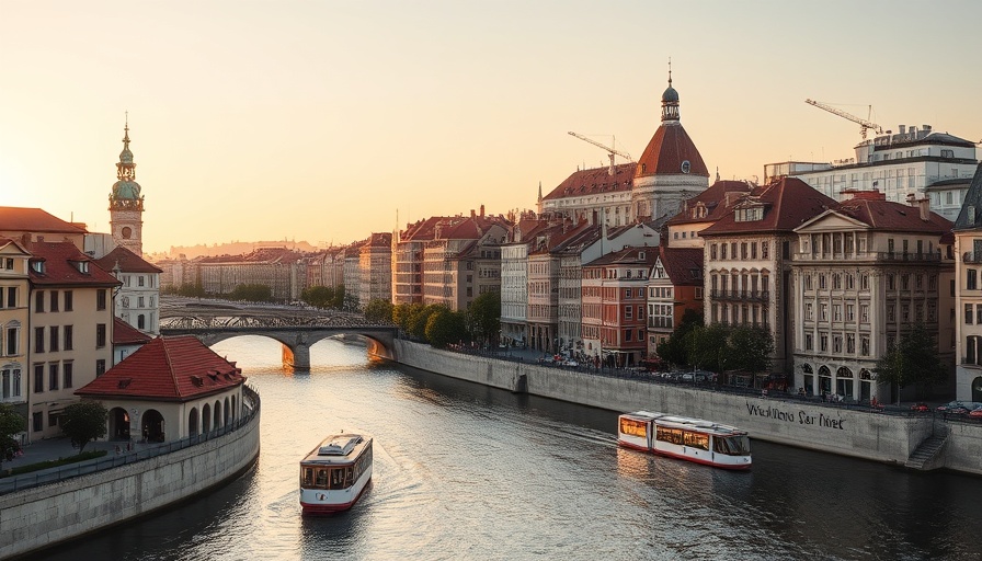 European cityscape with cable cars and riverside in fall.