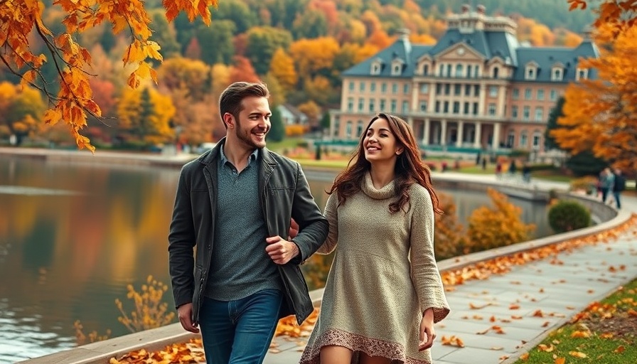 Couple enjoying autumn foliage near top hotel for leaf peeping.