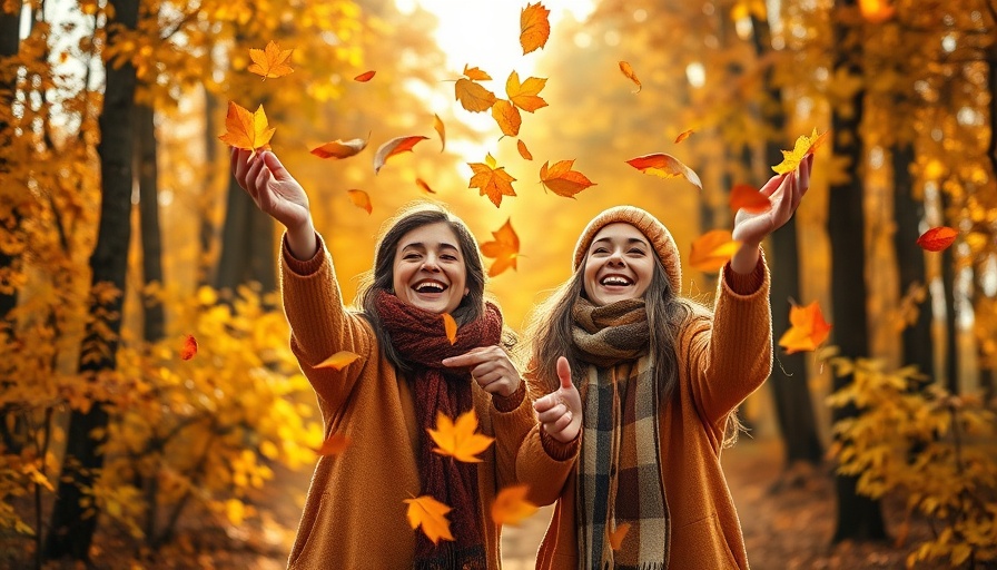 Joyful scene of two people tossing fall leaves in vibrant autumn forest.