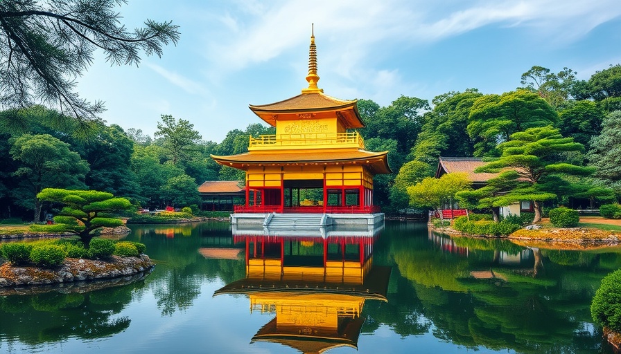 Golden temple in serene Japanese garden reflecting in pond.