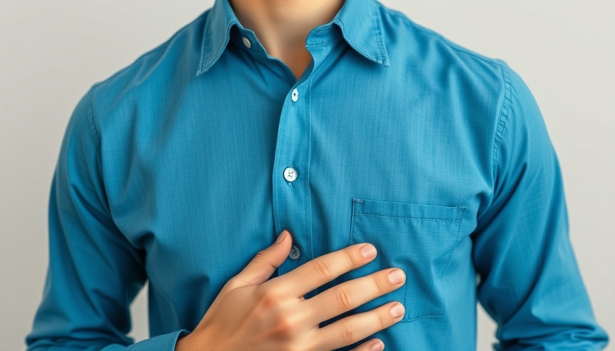 Detailed close-up of a person with chest discomfort, highlighting shirt and hand.