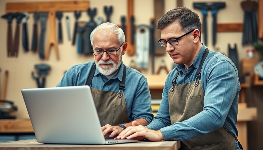 Older and younger man in workshop discussing something on a laptop, conveying Great Wealth Transfer concerns.