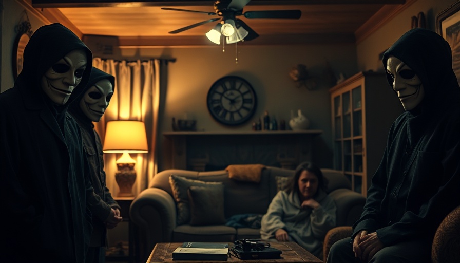 Ominous masked figures confronting couple in dim room, The Strangers horror film analysis.