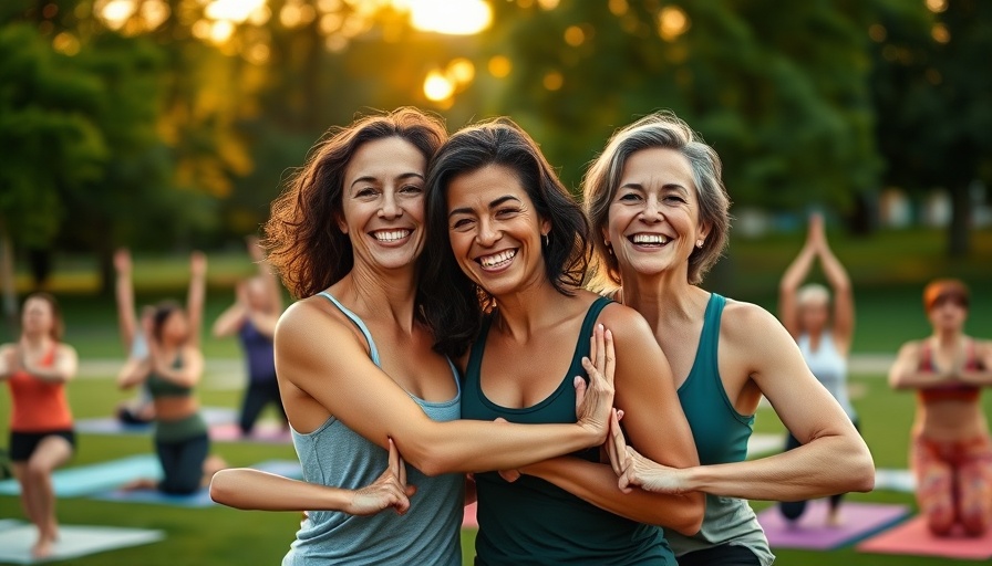 Women in yoga class enjoying the unexpected benefits of mushrooms, smiling outdoors.