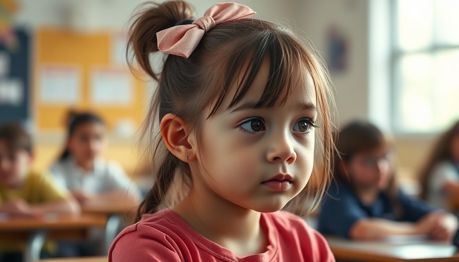 Young girl in classroom, preparing with quiet focus before studying.