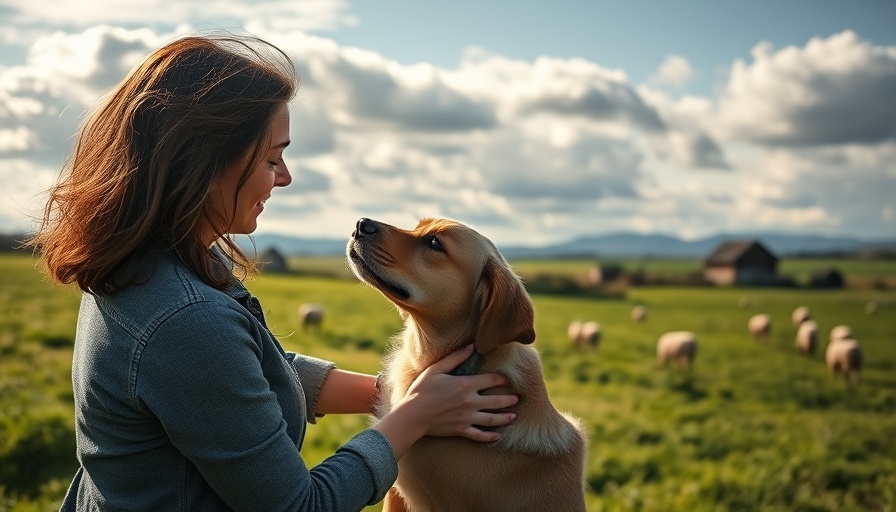 Serene woman in America heartland with dog, regenerating soil in pasture.