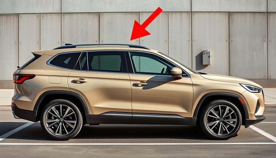 Modern beige SUV with highlighted roof in an urban setting, Phone Camera PSA.