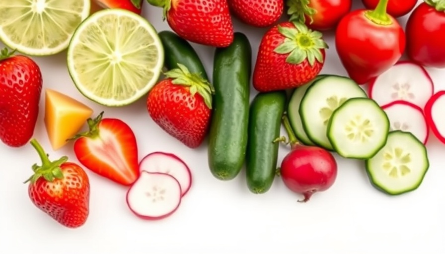 Colorful fruits and vegetables on white background, boosting mood.