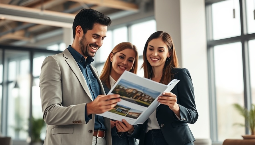 Real estate agents discussing brochure in office - Staged to Sell theme.