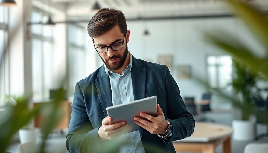 Man using tablet in office, exploring ChatGPT prompts for LinkedIn client acquisition.