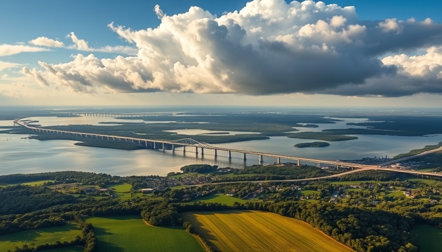 Aerial view of Kent Island, Maryland with bridges and waterways.
