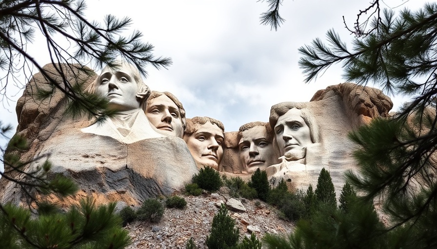 Mount Rushmore framed by trees, highlighting controversial history.