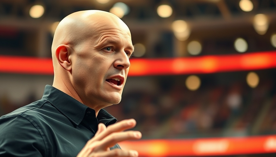 Expressive bald man speaking in an arena, soft spotlight lighting.