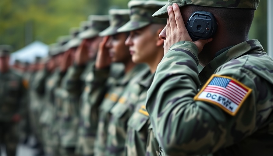 Soldiers saluting with focus on flag patch, words of encouragement for soldiers.