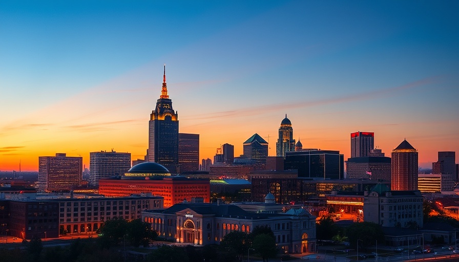 Vibrant Raleigh skyline at twilight, cityscape view.