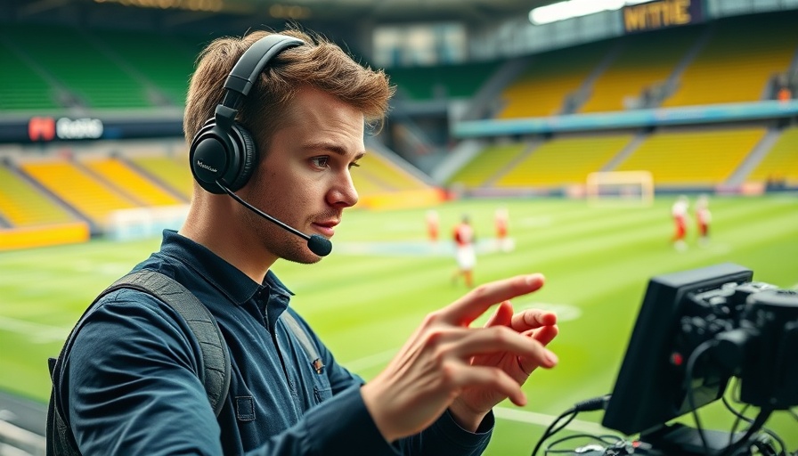 NFL technology in action, man with headset explaining in stadium.