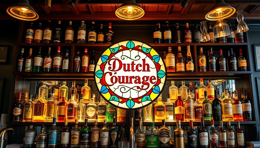 Amsterdam's bar life: vibrant liquor shelf with Dutch Courage sign.