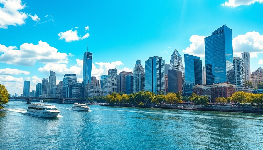 Vibrant skyline of city with boats on river near college town hotels.