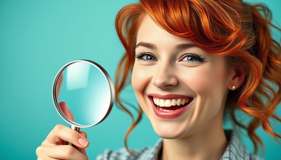 Red-haired woman smiling with magnifying glass on turquoise background.