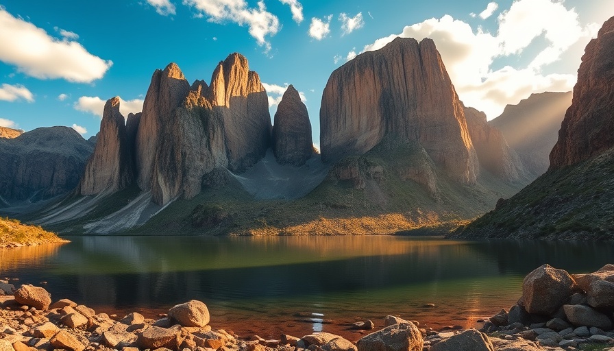 Golden rock formations mirrored in lake for thrill-seekers.