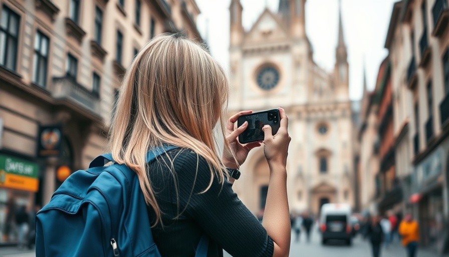 Woman capturing cathedral with smartphone, perfect for travel using transferable credit card points.