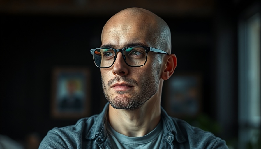 Thoughtful bald man with glasses in a dark, ambient background.