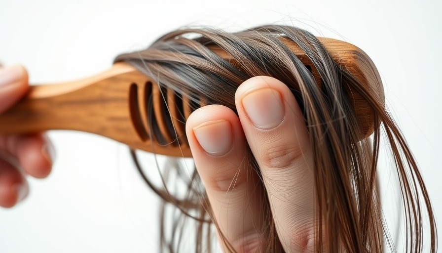 Hairbrush full of hair and hand holding strands, symbolizing hair loss.