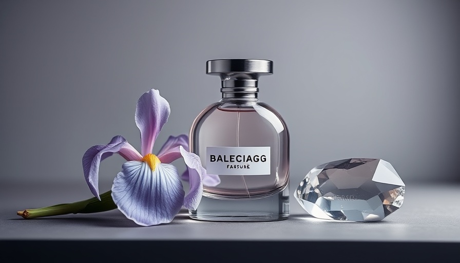 Balenciaga fragrance bottle with iris and crystal arrangement.