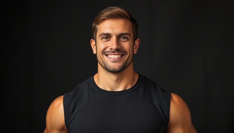 Confident muscular man in black shirt, minimalist setting.