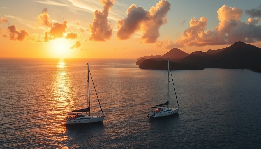 Anchored sailboats near lush mountains at sunset in British Virgin Islands.