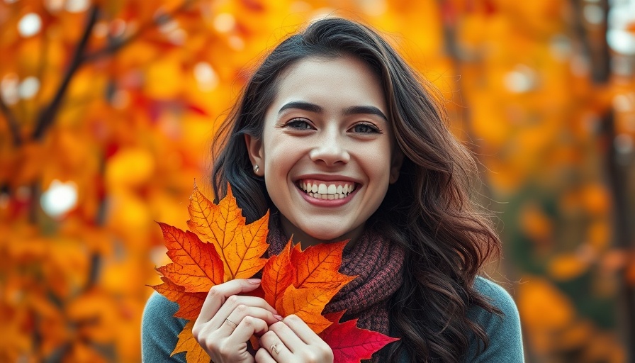 Young woman joyfully holding autumn leaves in October fall setting