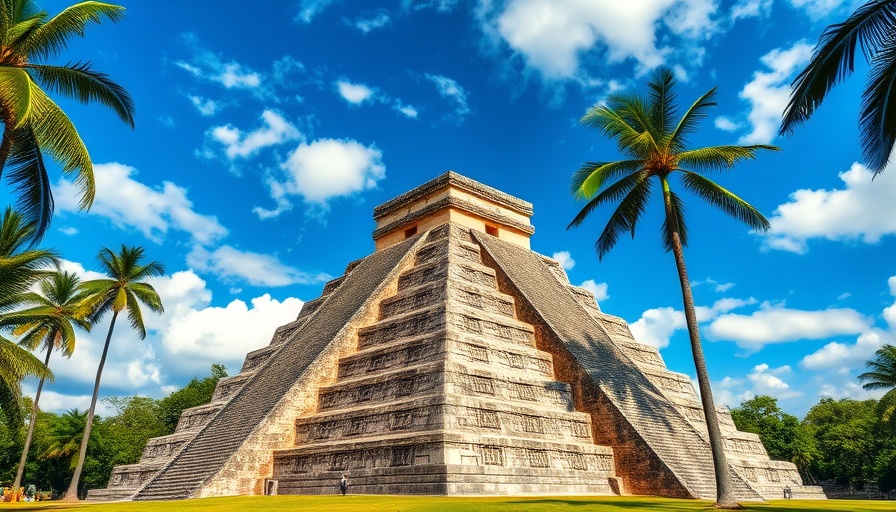 Ancient Mayan pyramid in El Salvador's ancient landscapes, surrounded by palms.