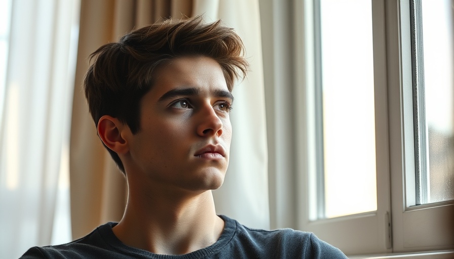 Contemplative young man gazing out the window in bright room.