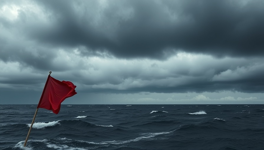 Stormy ocean scene with red flag under dark clouds, Rainmaker drone cloud-seeding plan.