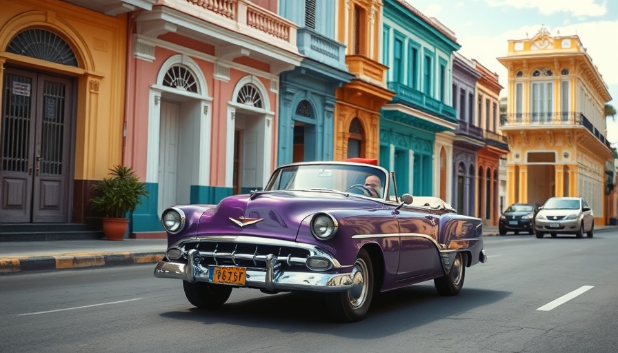 Classic car traveling around Cuba with vibrant colonial buildings.