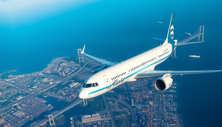 Alaska Airlines plane flying over city and ocean, Atmos Rewards points.