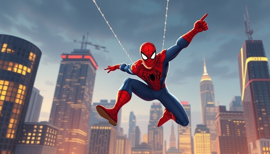 Superhero swinging in dynamic cityscape on Disney Webtoon Digital Comics Platform.