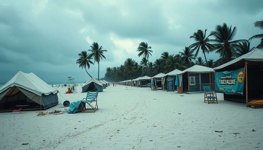Deserted beach with tents and Fyre Festival banners.