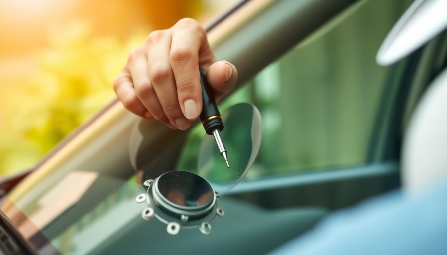 Windshield repair process with tools and hands in focus.